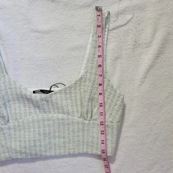 NWOT Zara Green Cream Tan Tweed Textured Side Zip Cropped Tank Top L - Picture 9 of 9